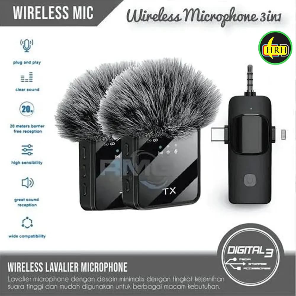 F11-2 (3 in 1)Collar Wireless Dual Microphone proprofessional Lepal Lavaliar microphon iPhone/Android & Type C Supported 100& Noise Cancellation by HRH Shopping